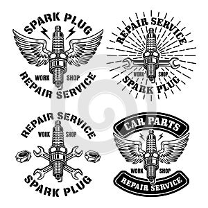 Spark plug with wings, car repair service set of four vector emblems, logos, badges, labels, stickers in monochrome