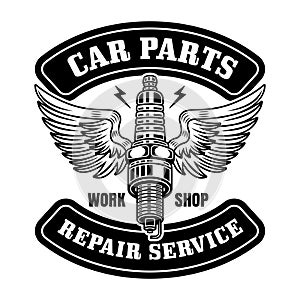 Spark plug with wings vector emblem, logo, badge, label, sticker in monochrome style isolated on white background