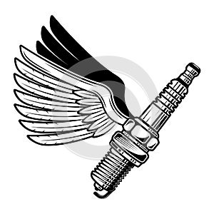 Spark plug with wings vector illustration in monochrome style isolated on white background
