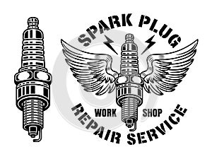 Spark plug with wings vector illustration in monochrome style isolated on white background. Repair service vintage