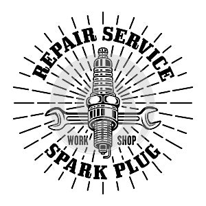 Spark plug and wrench with rays vector emblem, logo, badge, label, sticker in monochrome style isolated on white