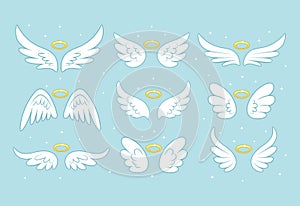 Sparkle angel fairy wings with gold nimbus, halo isolated on background. Vector cartoon design