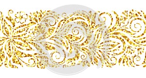 Sparkle glitter gold seamless border. Decorative swirls and flowers pattern on white background. Design for frames, tape