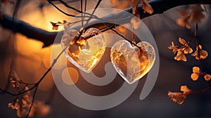 Sparkle Glowing Heart reflected lights, orange and gold, captivating visual, Romantic scenery, dreamy, copy space, greeting card photo