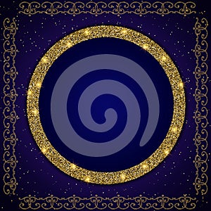 Sparkle golden shining pattern frame with shining round banner on blue background vector illustration