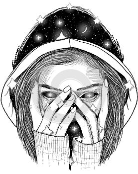 Sparkle illustration. Girl with stars hand drawn sketch.