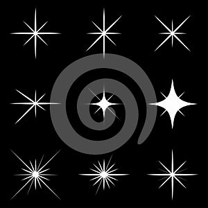 Sparkle lights stars. Set of glowing explosion sign. Fashes sunburst icon. Vector.