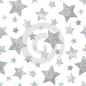 Sparkle seamless pattern with holographic silver glitter stars on white background
