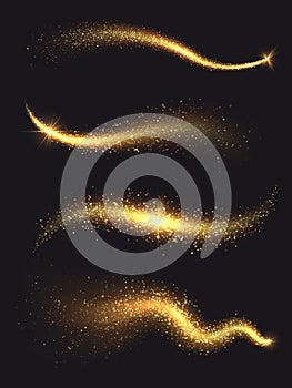 Sparkle stardust. Golden glittering magic vector waves with gold particles collection photo