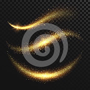 Sparkle stardust. Golden glittering magic vector waves with gold particles isolated