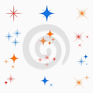 Sparkle stars. Set of color glowing light effect sign. Flashes starburst icon. Vector.