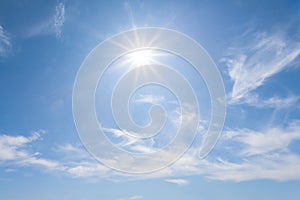 Sparkle sun on blue cloudy sky background