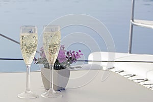 Sparkle wine or champagne and decorative succulent plant on front deck of catamaran sailing yacht