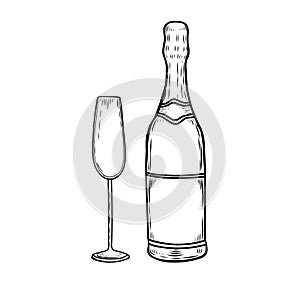 Sparkled wine bottle and glass line drawing isolated on white background