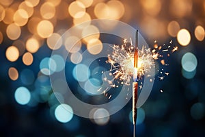 Sparkler celebration. Blurred bokeh golden and blue background with copy space
