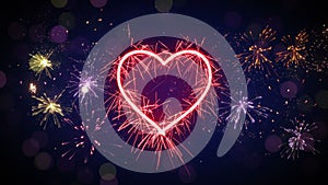 Sparkler heart shape and fireworks loop animation 4k (4096x2304)