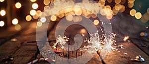 sparklers with glowing bokeh on a wooden background