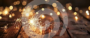 sparklers with glowing bokeh on a wooden background