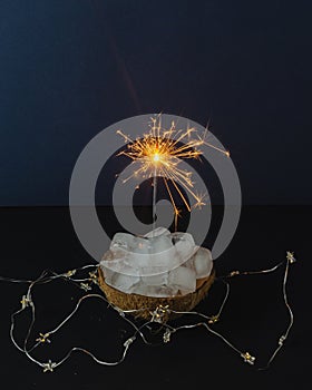 Sparklers in the ice on dark background in coconut shell