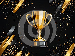 Sparkles black background with a winners cup. Champion golden trophy on black background. Concept of success and