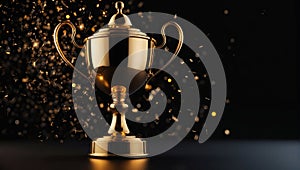 Sparkles black background with a winners cup. Champion golden trophy on black background. Concept of success and