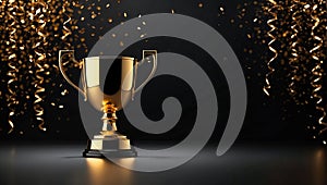 Sparkles black background with a winners cup. Champion golden trophy on black background. Concept of success and