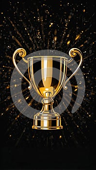 Sparkles black background with a winners cup. Champion golden trophy on black background. Concept of success and
