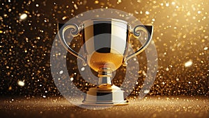 Sparkles gold background with a winners cup. Champion golden trophy on gold background. Concept of success and