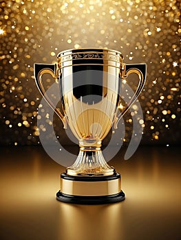 Sparkles gold background with a winners cup. Champion golden trophy on gold background. Concept of success and
