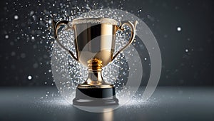Sparkles gray background with a winners cup. Champion golden gray trophy on gray background. Concept of success and