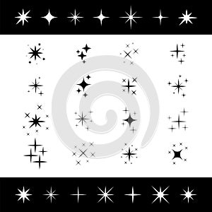 Sparkles icon set. Lights, stars. Glowing light effect of star shining bursts. Bright firework, Christmas decoration twinkle, lens