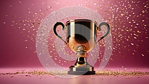 Sparkles pink background with a winners cup. Champion golden trophy on pink background. Concept of success and