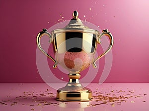 Sparkles pink background with a winners cup. Champion golden trophy on pink background. Concept of success and