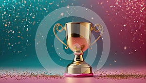 Sparkles pink blue background with a winners cup. Champion golden trophy on pink blue background. Concept of