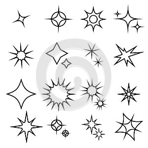 Sparkles thin line icons set. Collection of simple stars, twinkles and lights. Vector illustrations