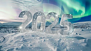 Sparkling 2025 Numerals Under Northern Lights in Snowy Landscape