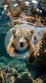 Sparkling Bear: A Tale of a Cute Calf\'s Swim in the Environmenta photo