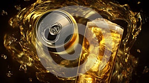Sparkling beverage cans with splash in golden light. AI image