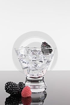 Sparkling beverage in a martini glass with berries