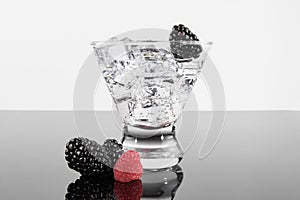 Sparkling beverage in a martini glass with blackberries and ra