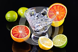 Sparkling beverage in a martini glass with colorful citrus