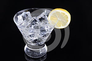Sparkling beverage in a martini glass with a lemon slice