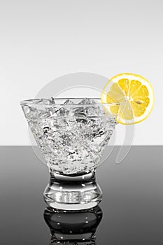 Sparkling beverage in a martini glass with lemon slice