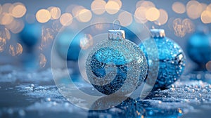 Sparkling Blue Christmas Ornaments on Festive Background