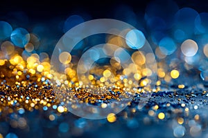 Sparkling blue and gold bokeh with glittering surface
