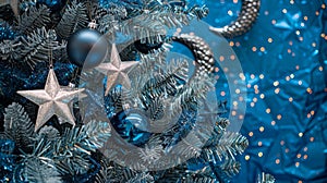 Sparkling Blue and Silver Christmas Tree Decoration Close-up