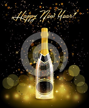 Sparkling bottle of champagne with golden serpentine on black background, bokeh effect with happy new year sign