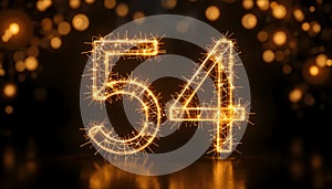 Sparkling Celebration: Golden Number 54 Aglow on a Deep Reflective Surface photo
