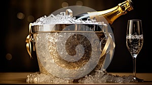 Sparkling Celebration: Silver Champagne Bucket with Chilled Bottle and Glittery Gold Backdrop