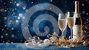 Sparkling Celebrations Festive Happy New Year with Christmas and New Year Holidays Background, Champagne Glass, Golden Ribbon,